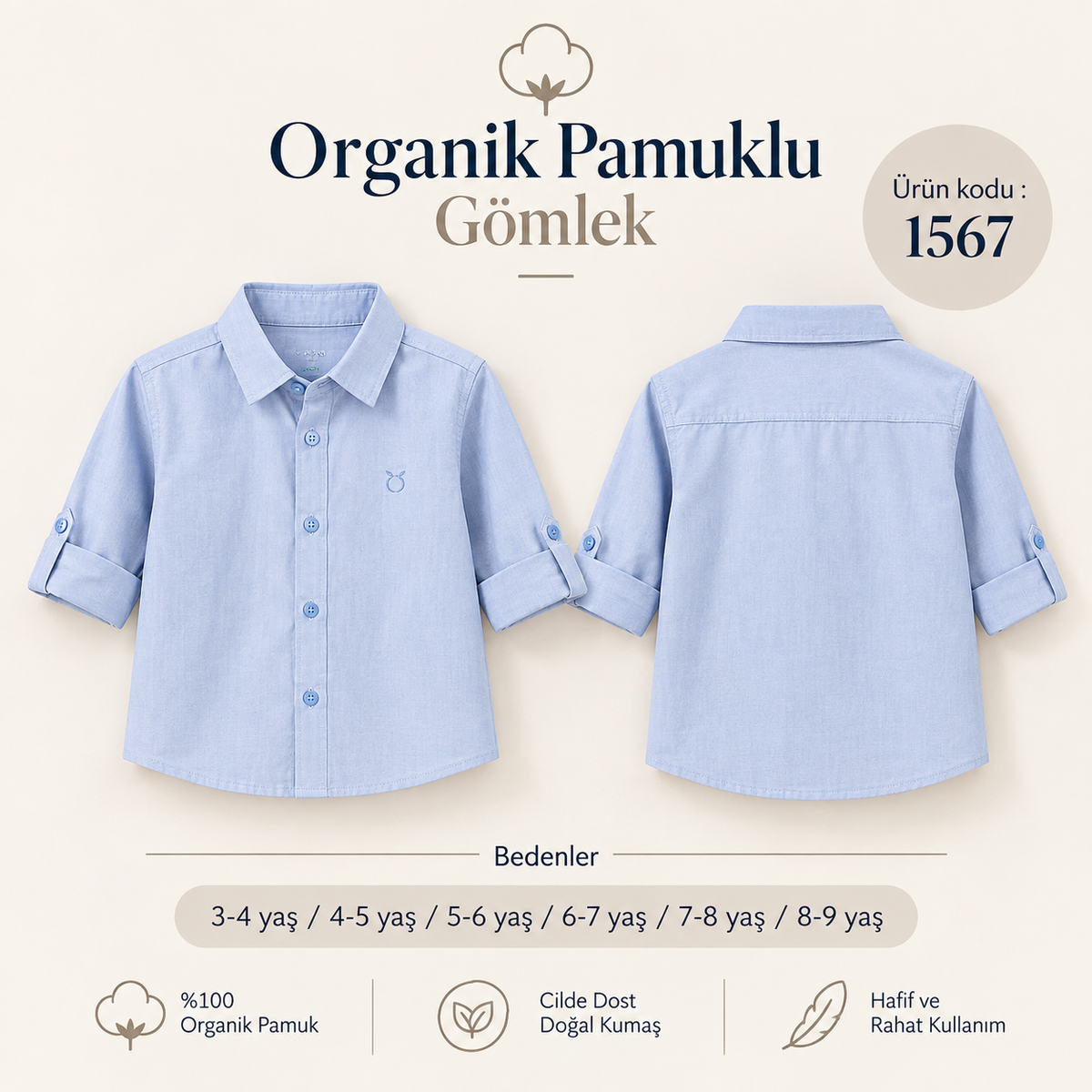 ÇOCUK UZUN KOLLU GÖMLEK | %100 DOĞAL PAMUK KETEN
